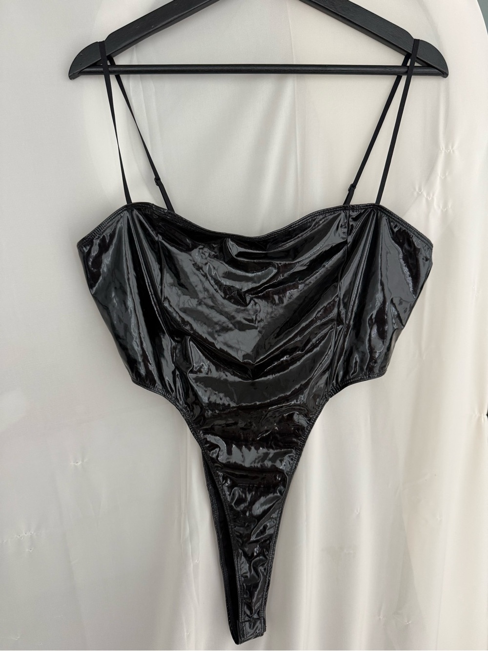 Black Patent Faux Leather Corset Bodysuit